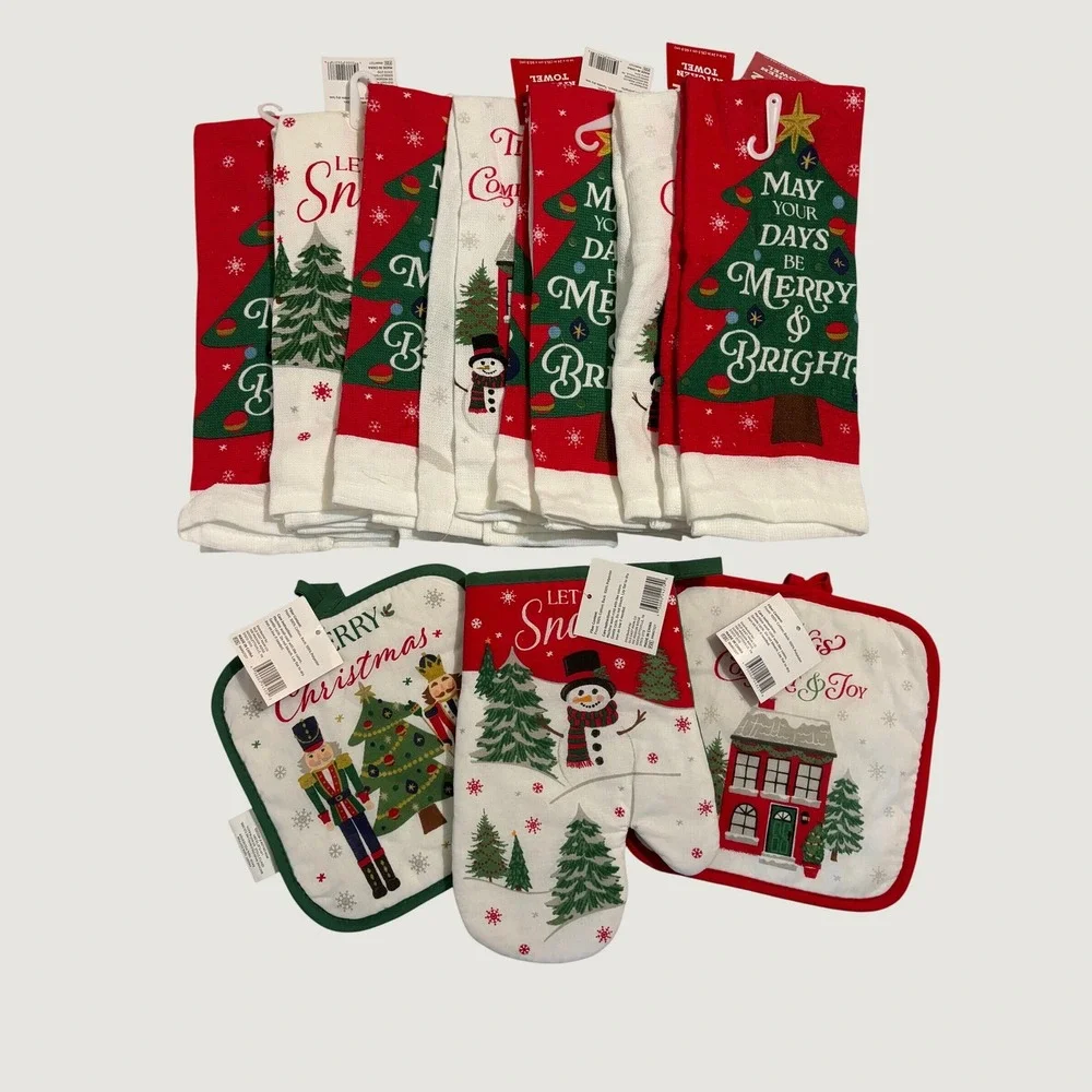 11pc Christmas Kitchen Set Towels Oven Mitt Pot Holders Snowman Nutcracker NEW